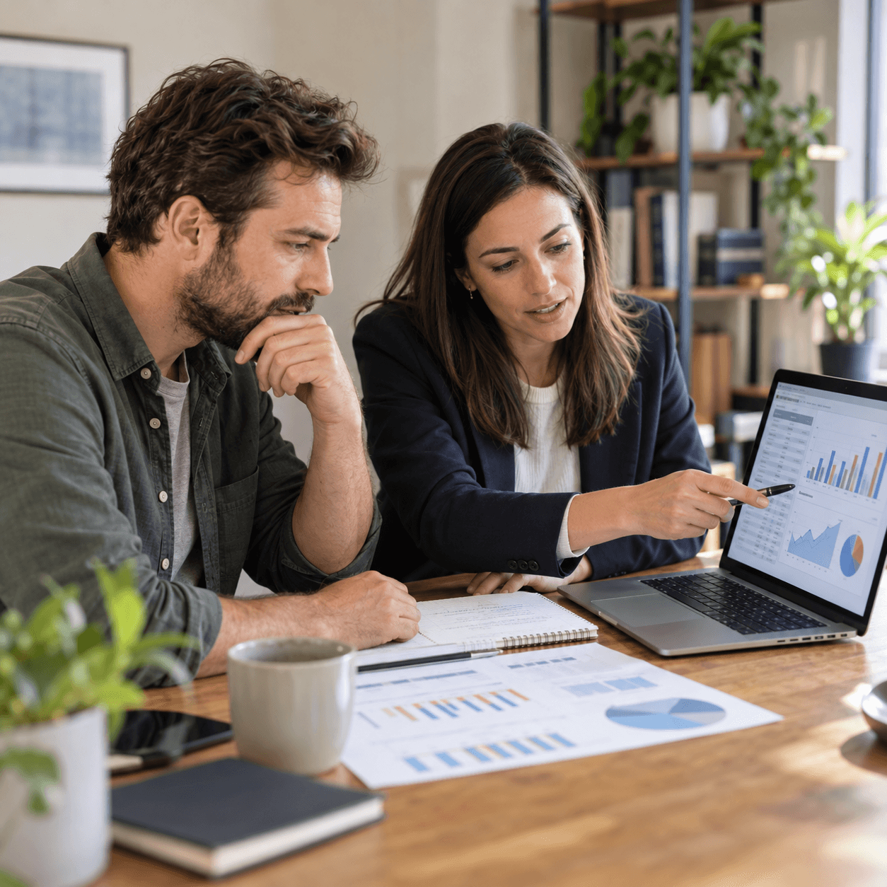 Two fictional people reviewing a cash-flow forecast together at a table.